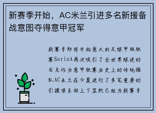 新赛季开始，AC米兰引进多名新援备战意图夺得意甲冠军